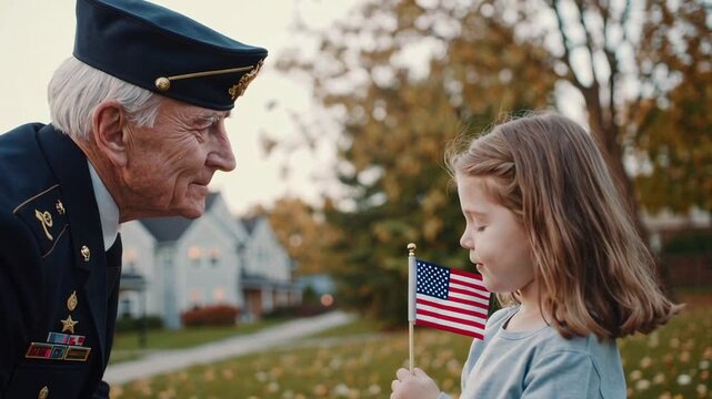 Elderly veteran in uniform shares a tender moment with his granddaughter, who holds a small american flag, symbolizing the passing of values and legacy across generations