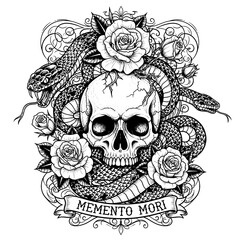 Fototapeta premium Black and White Tattoo Design Featuring a Skull With Roses and Snakes