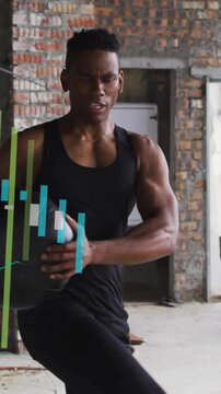 Vertical video: Man doing medball twists and knee raises in loft, motion causing charts for health