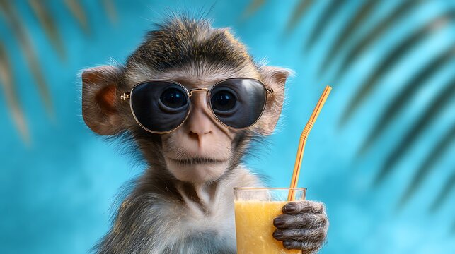 A cute small monkey drinks a cocktail on palm background, summer vibe