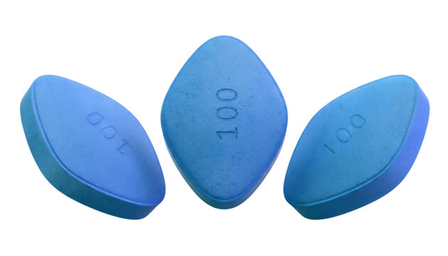 Three Blue Diamond-Shaped Pills with 100 Imprint on White Background
