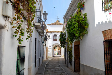 Fototapeta premium Typical street in Zafra, Badajoz, Extremadura, Spain, with the Jerez arch in the background