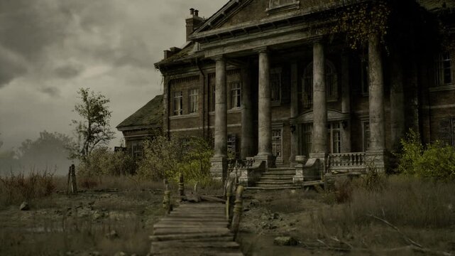 Weathered Moldovan portico with towering columns, cracked pediment, tangled vegetation and stormy sky cinematic lighting creates dramatic contrast and eerie