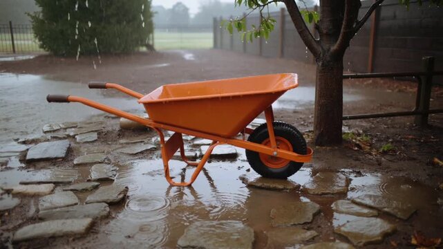 Wheelbarrow orange garden cart with metal frame and single front wheel standing on wet stone patio near trees and fence in rainy backyard
