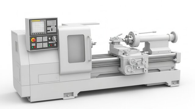 A large industrial metal lathe machine with a control panel operates in a workshop.