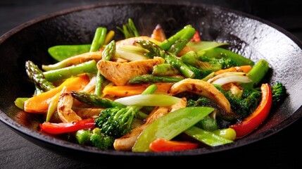 Colorful Stir-Fried Vegetables and Chicken in a Wok with a Variety of Fresh Ingredients on a Dark Surface