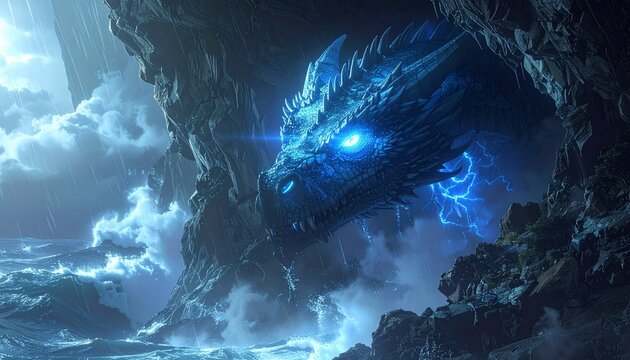 A magnificent blue-glowing dragon emerges from a dark sea cave, its fierce eyes radiating immense power over the crashing waves of the stormy ocean, an epic beast of fantasy lore