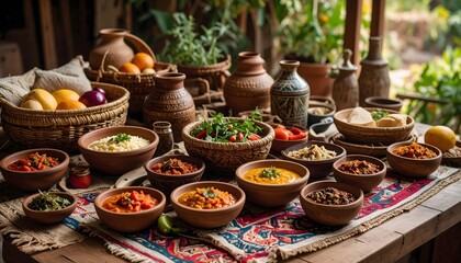 Fototapeta premium Rustic Table Displaying Various Dishes, Fruits, and Baskets with Natural Lighting and Warm Tones.