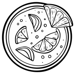 Obraz premium Stylized line art illustration of a citrus fruit slice arrangement in a circular dish with bubbly liquid