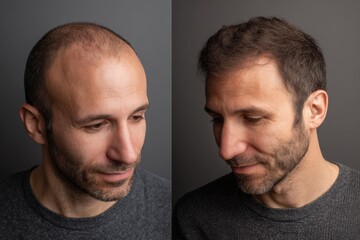 Fototapeta premium Hair restoration before and after result comparison for man with thinning hair