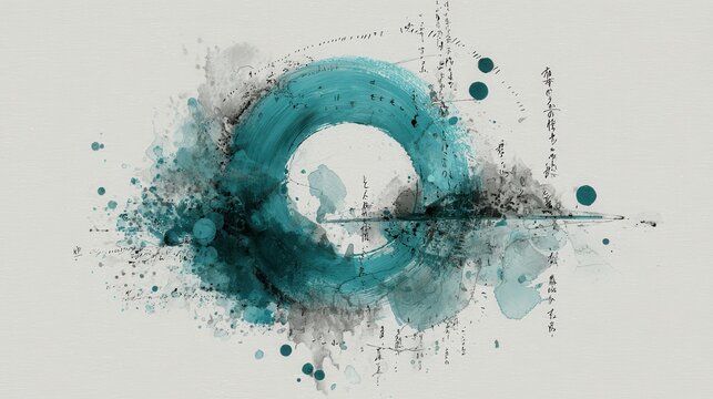 Enso circle drawing a spiritual zen meditation concept, featuring abstract minimalist calligraphy with teal and gray watercolor paint splatters on a textured background