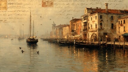 Naklejka premium Venice grand canal painting with historic architecture, gondolas and sailboats on shimmering morning water, vintage postcard texture with script and stamp accents