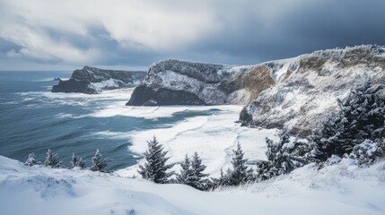 Fototapeta premium A snowy cliffside overlooking a rugged ocean on a cloudy winter day