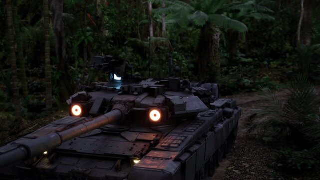 Updated main battle tank parked in forest clearing with active sensors glowing, armored panels and reactive plating visible, hightech optics on turret.