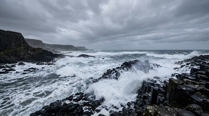 Fototapeta premium Dramatic Ocean Waves Crashing Against Dark Volcanic Coastal Cliffs