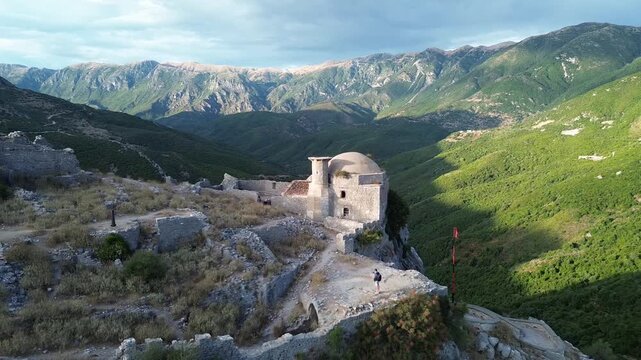 Aerial Top View Footage of Borsh Castle Ruins in Albania