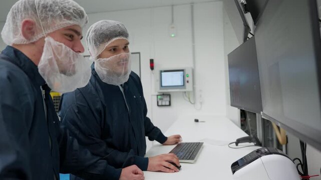 Two university engineering students in cleanroom PPE review production and inspection data on computer monitors. Teamwork in laboratory training for quality control, automation and research