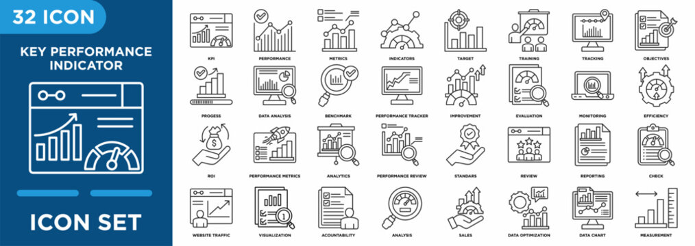 Key performance indicator line icon set featuring KPI metrics, performance monitoring, benchmarking, analytics, progress tracking, business evaluation, reporting, and strategic management