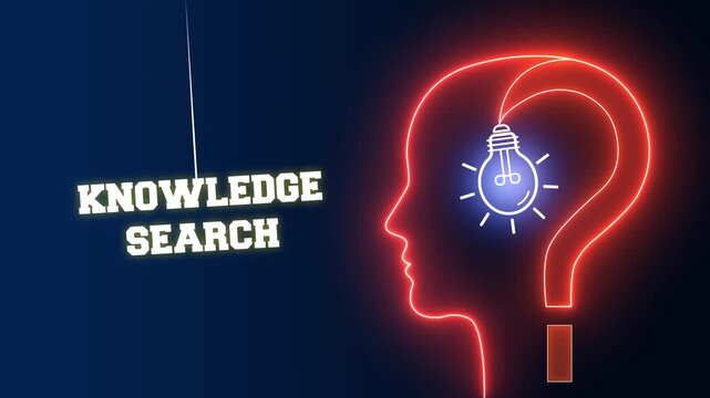 Knowledge search text sign on a red neon background with a glowing human head profile and light bulb for deep academic research and mental study