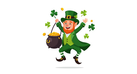 Festive Leprechaun Celebrating St Patricks Day with Pot of Gold and Shamrocks. Vector Illustrations. EPS Editable