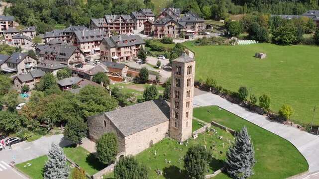 Aerial shot: Sant Climent de Ta&uuml;ll in the catalan Pyrenees