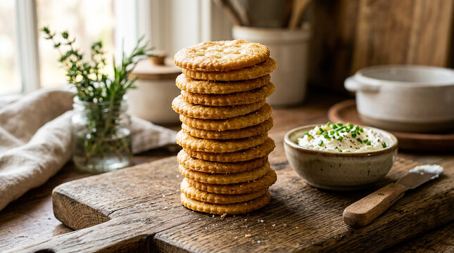 Tall stack of perfectly baked savory round crackers rests invitingly upon a rustic wooden cutting board next to creamy chive dip ready for snacking enjoyment.