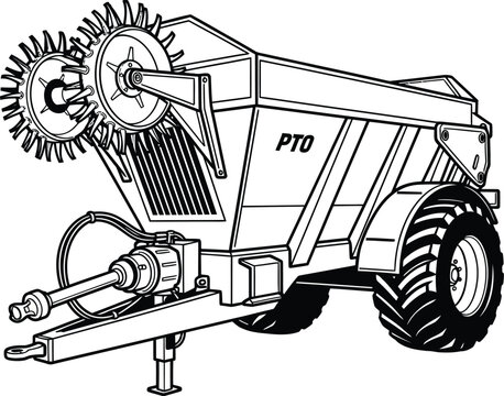 Detailed Black and White Illustration of a Farm Manure Spreader with PTO Label.