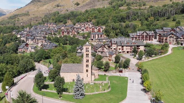 Aerial shot: Sant Climent de Ta&uuml;ll in the catalan Pyrenees