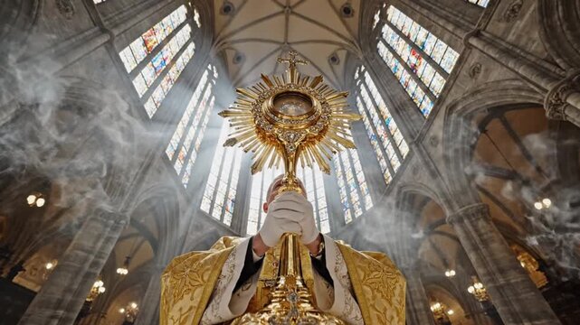 A priest holds a monstrance during a religious ceremony inside a grand cathedral with stained glass windows