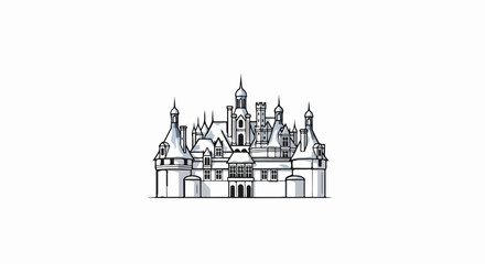 Fototapeta premium Stylized line art illustration of a grand castle with multiple towers and spires