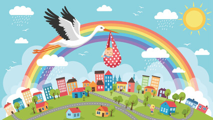Obraz premium Majestic stork flies through a vibrant sky over a colorful town carrying a new baby in a bundle under a bright rainbow.