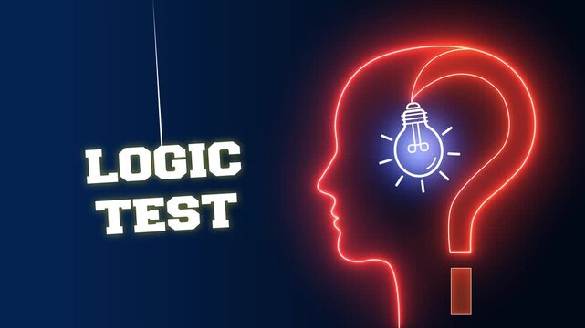 Logic test text sign swinging on a red neon background with a glowing human head profile and light bulb for analytical thinking and mental reasoning