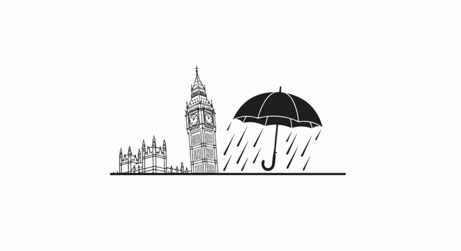 Stylized sketch of iconic clock tower and parliamentary buildings under an umbrella