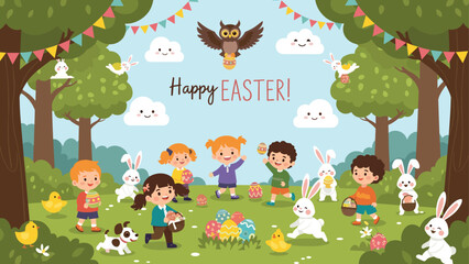 Obraz premium Group of happy children and white bunnies enjoy an easter egg hunt in a sunny forest clearing decorated with festive flags.