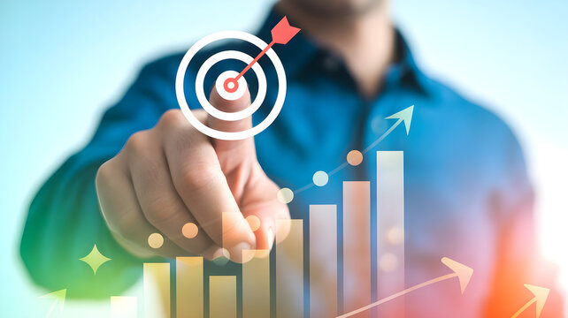 Business professional interacting with digital target symbol and ascending bar chart elements symbolizing precision marketing and goal oriented results