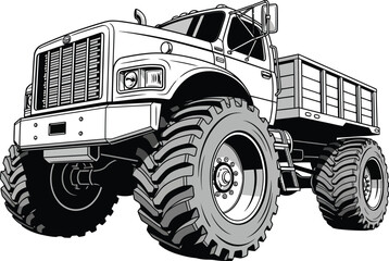 Detailed Black and White Illustration of a Monster Truck with Oversized Tires. © Vhya