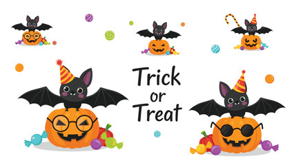 Fototapeta premium Adorable black bats sitting on jack-o'-lantern pumpkins with candies for a fun trick or treat Halloween celebration.