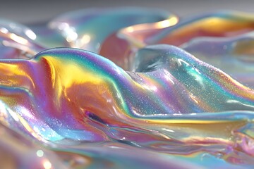 A mesmerizing iridescent abstract texture with vibrant colors, holographic effects, and a smooth, flowing surface creating a futuristic and dreamy atmosphere.