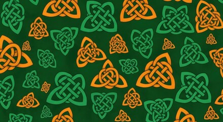 Fototapeta premium Celtic knotwork pattern with green and orange designs on dark background celtic knot knotwork green