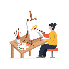 Fototapeta premium Woman painting on an easel with colorful brushes.