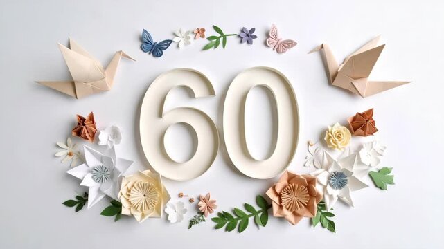 Paper art number sixty with origami cranes and flowers for a 60th birthday or wedding anniversary celebration