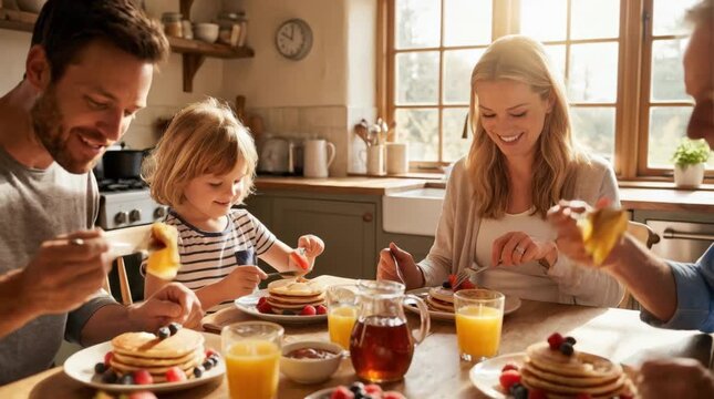 Multi generation family enjoying pancakes with berries and juice at breakfast table in sunny kitchen, warm home lifestyle moment showing togetherness, happiness and morning routine.