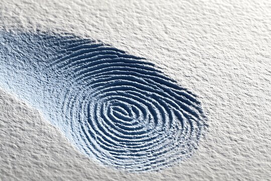A detailed macro shot of a blue fingerprint on a textured white surface, highlighting forensic investigation.