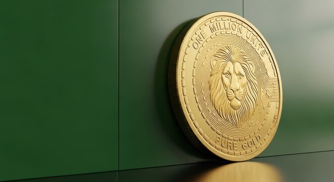 A gold coin with a lion's head on it sitting on a green surface close up detail view golden coin lio