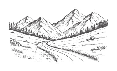 Fototapeta premium Winding road through a sketched mountain landscape with pine trees mountains