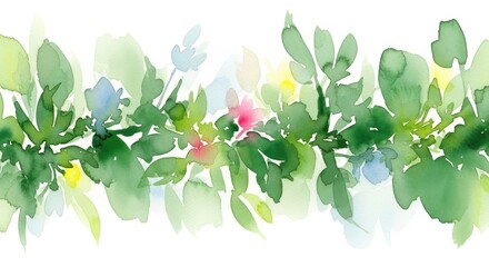Obraz premium A delicate watercolor painting of a lush green leafy branch with small flowers on a clean white back