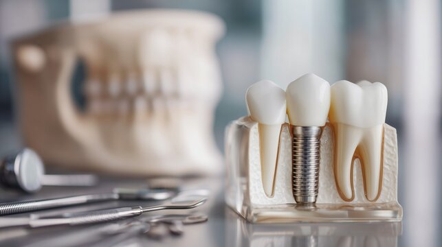 Dental implant model with crown and adjacent natural tooth on tray, dental mirror and explorer nearby &acirc;&euro;&rdquo; concept, implant restoration and oral surgery planning.