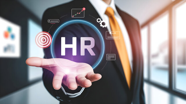 Man in suit holding digital human resources interface icon with circular menu of business development symbols representing smart recruitment process