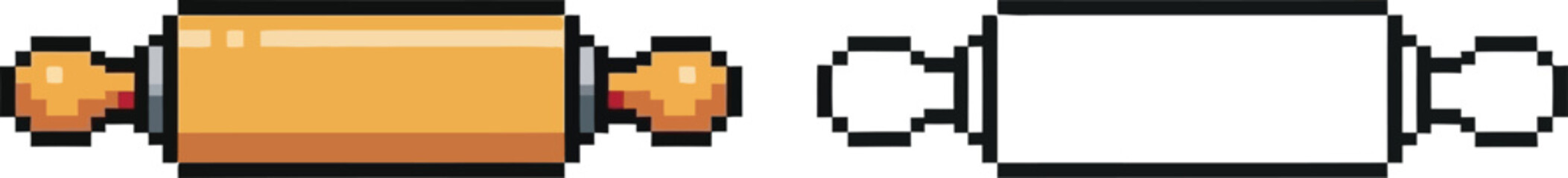 Obraz premium Pixel art illustration of two rolling pins, one colored in shades of brown and orange, and the other as a black and white outline, used for baking and dough preparation.
