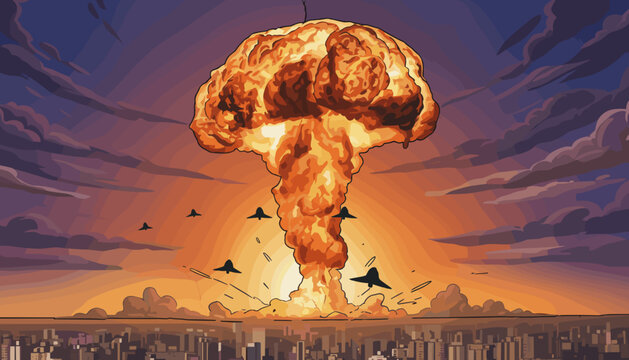 vector of a devastating nuclear explosion mushroom cloud over a city skyline at sunset, symbolizing global conflict, destruction, and catastrophe.